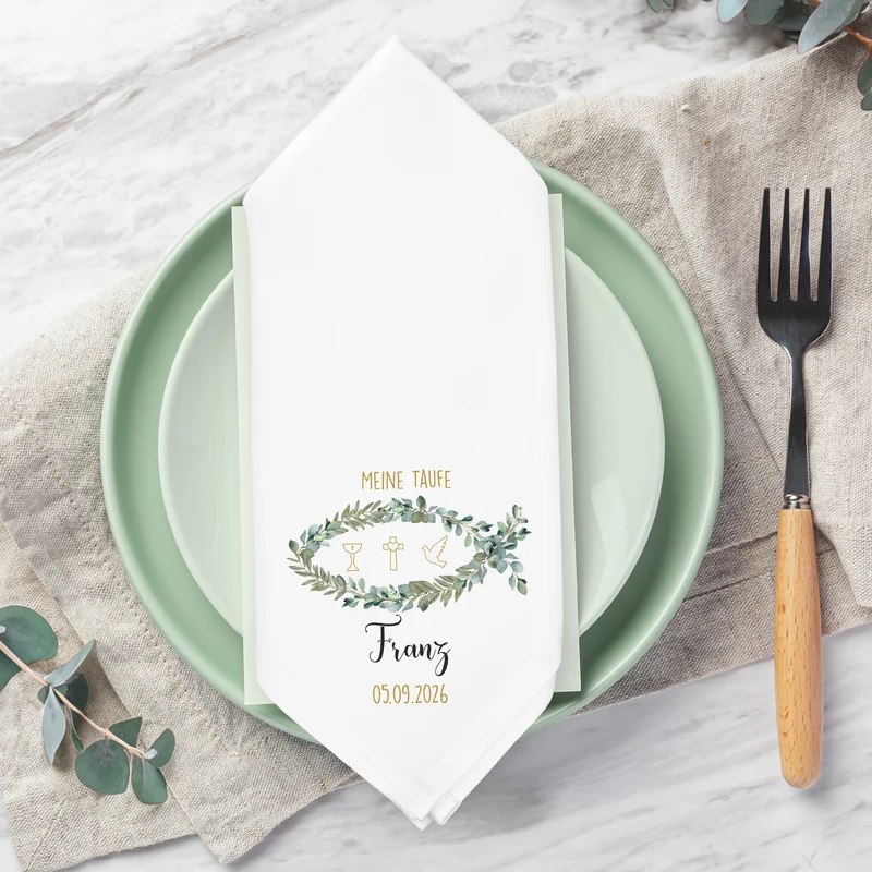 Personalisierte Stoffserviette mit Name & Datum zur Taufe, Kommunion, Konfirmation & Firmung | Ichthys