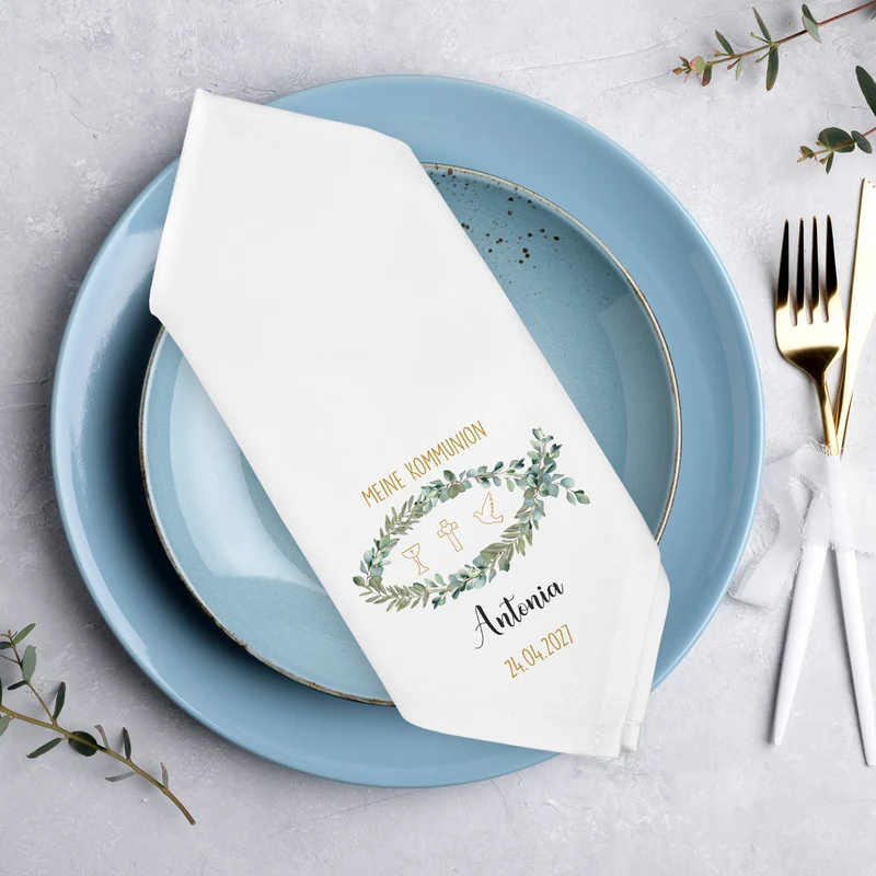 Personalisierte Stoffserviette mit Name & Datum zur Taufe, Kommunion, Konfirmation & Firmung | Ichthys