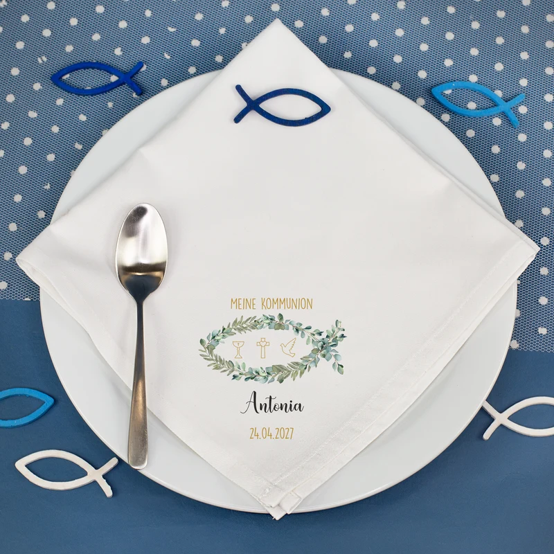 Personalisierte Stoffserviette mit Name & Datum zur Taufe, Kommunion, Konfirmation & Firmung | Ichthys