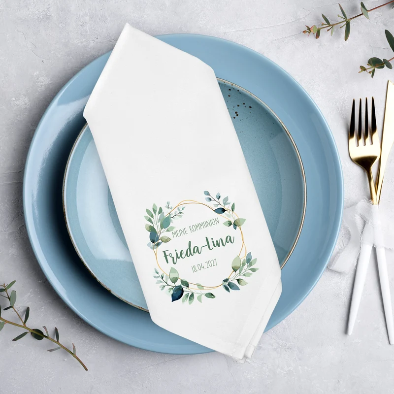 Personalisierte Stoffserviette mit Name & Datum für Taufe, Kommunion, Konfirmation | Eukalyptus Motiv