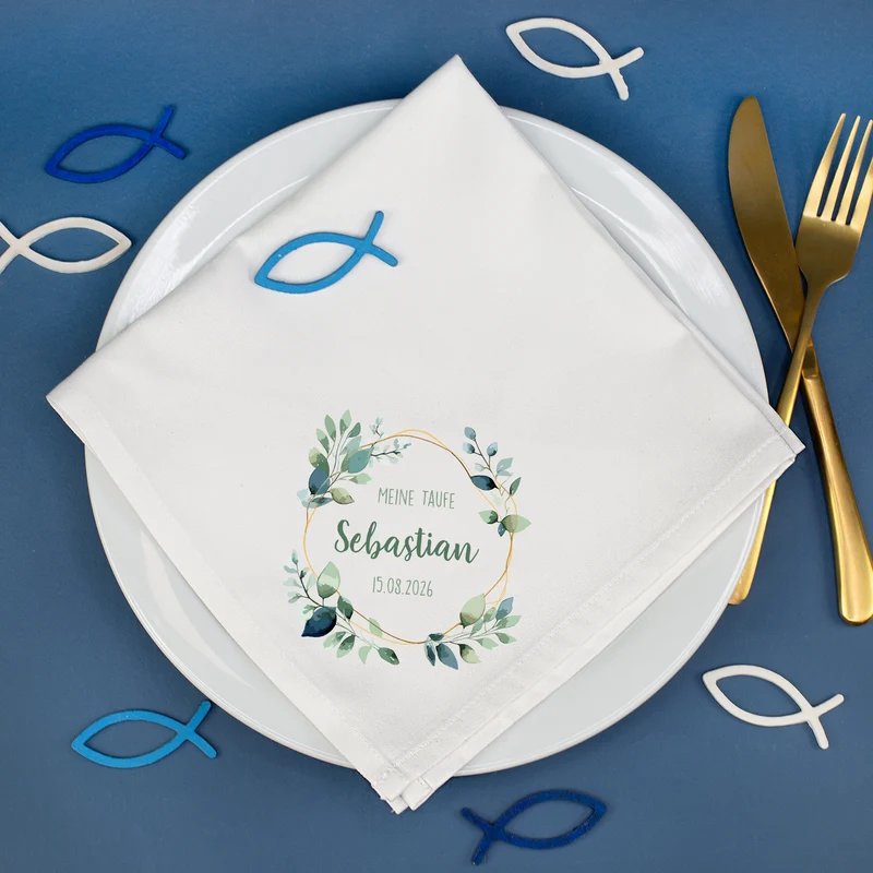 Personalisierte Stoffserviette mit Name & Datum für Taufe, Kommunion, Konfirmation | Eukalyptus Motiv