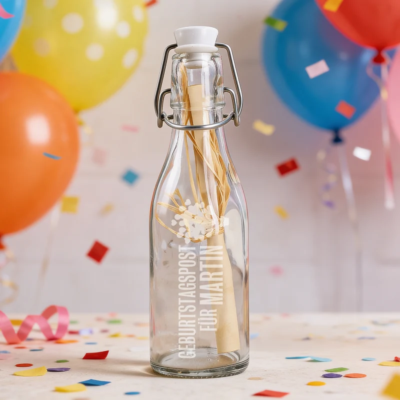 Personalisierte Flaschenpost zum Geburtstag mit Name in klein | Geburtstagsgeschenk mit Ballonmotiv