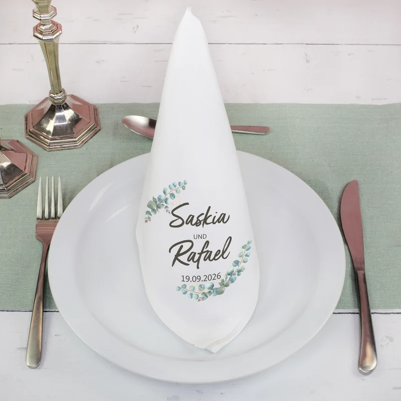 Personalisierte Stoffserviette zur Hochzeit mit Eukalyptus, Namen & Datum | Hochzeitsdeko 45x45cm