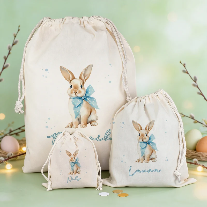 Personalisierter Geschenksack zu Ostern mit Name | Stoffbeutel mit Hasenmotiv und Kordel in 3 Größen