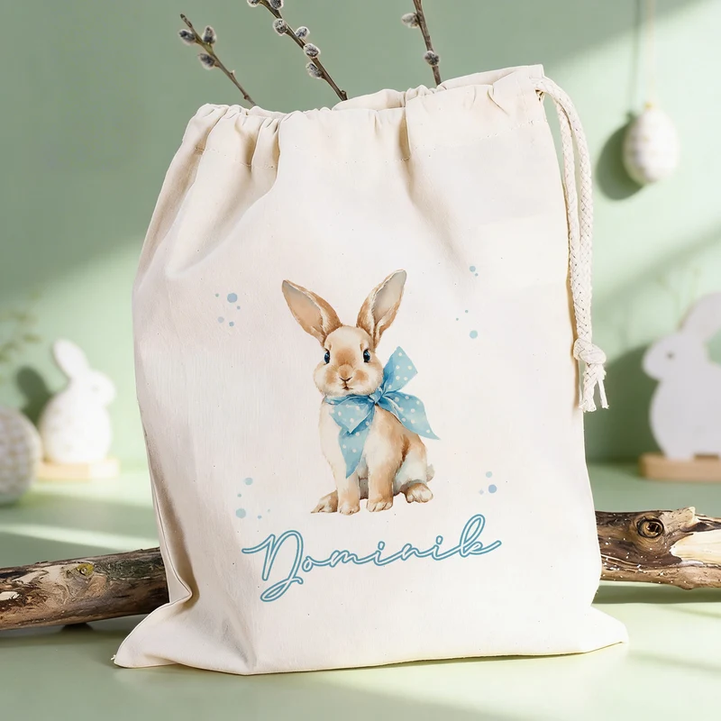 Personalisierter Geschenksack zu Ostern mit Name | Stoffbeutel mit Hasenmotiv und Kordel in 3 Größen
