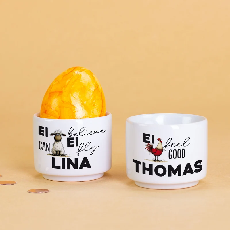 Personalisierter Eierbecher aus Keramik zu Ostern mit Name | Lustige Ei-Sprüche mit Tiermotiven
