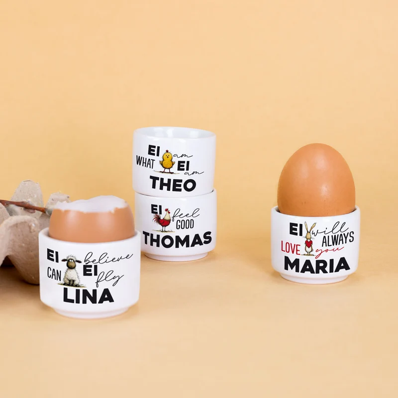 Personalisierter Eierbecher aus Keramik zu Ostern mit Name | Lustige Ei-Sprüche mit Tiermotiven