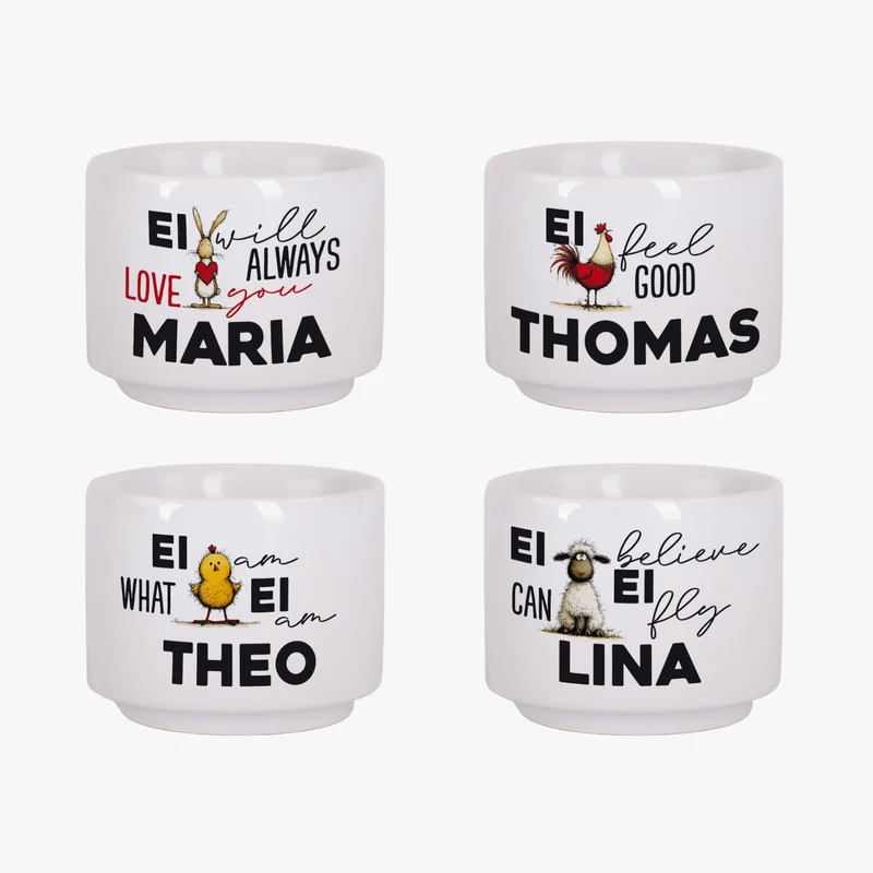 Personalisierter Eierbecher aus Keramik zu Ostern mit Name | Lustige Ei-Sprüche mit Tiermotiven