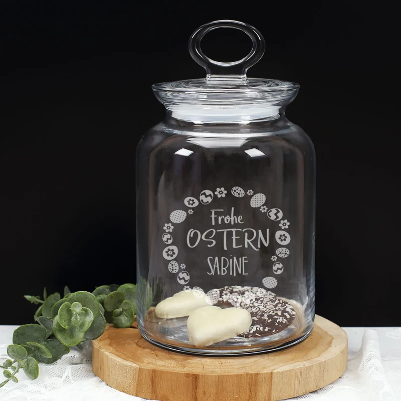 Glasdose mit Ostereier-Design und Ihrem Wunschnamen