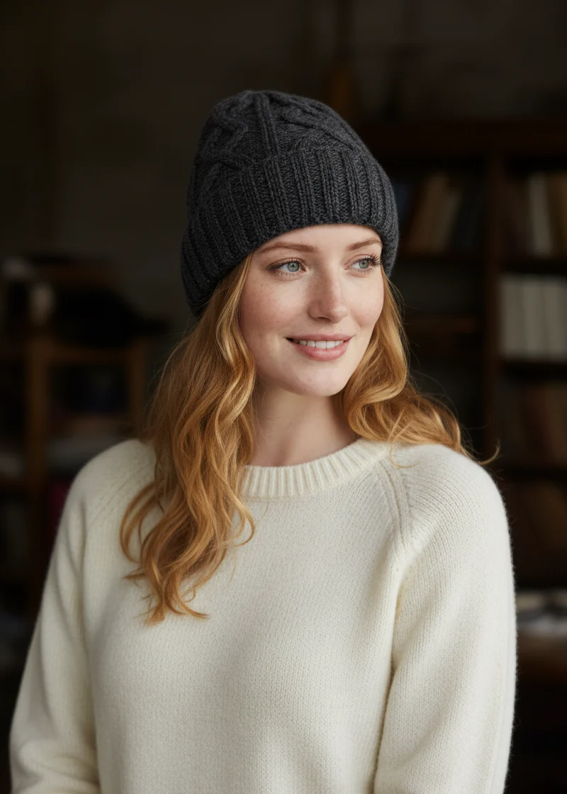 Aran Diamond Stitch Hat - Slate Grey