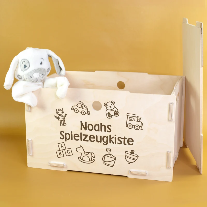 Personalisierbare Spielzeugkiste aus Holz mit Deckel | clipfritz® Aufbewahrungsbox stapelbar