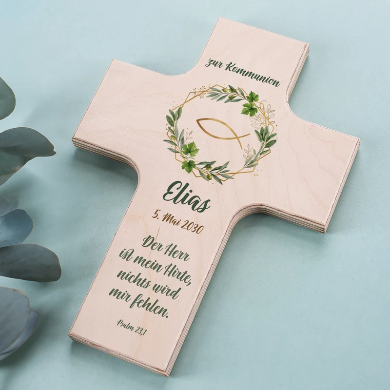 Personalisiertes Holzkreuz mit Ichthys Fisch & Blätterkranz | Geschenk für Taufe, Kommunion, Konfirmation