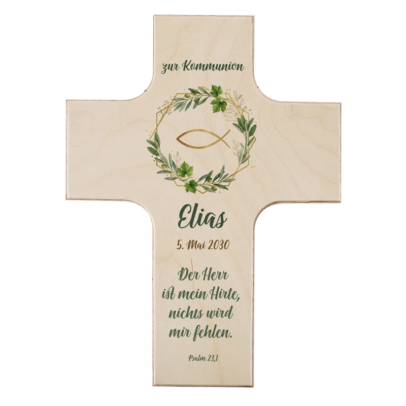 Personalisiertes Holzkreuz mit Ichthys Fisch & Blätterkranz | Geschenk für Taufe, Kommunion, Konfirmation