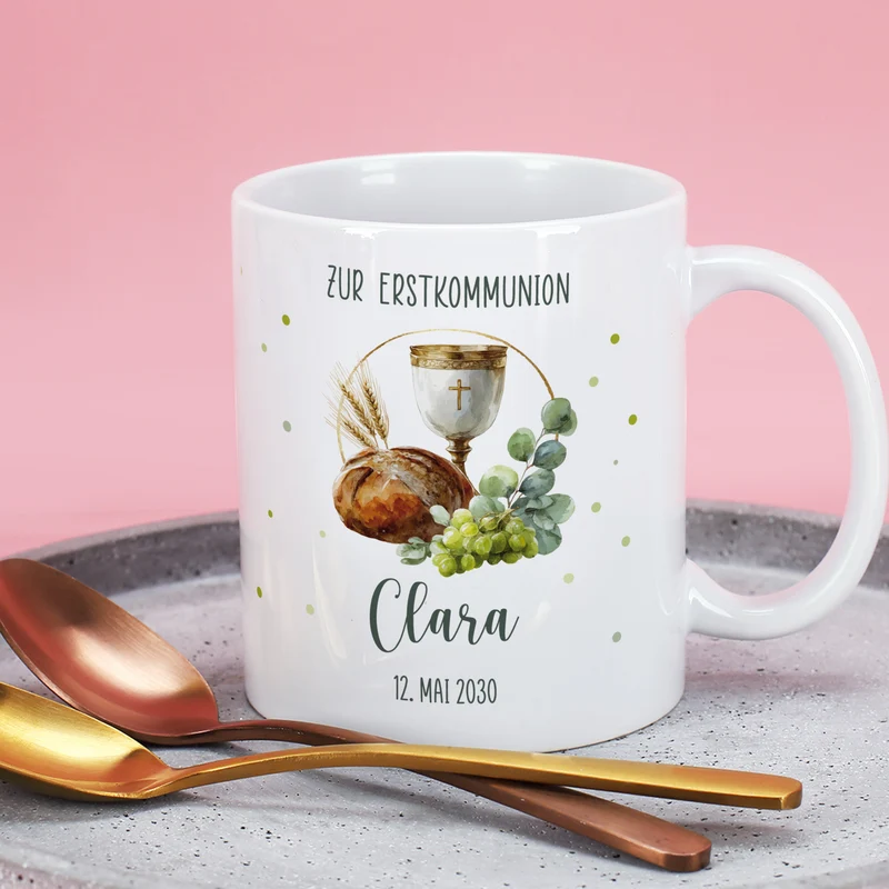 Personalisierte Tasse mit Kelch & Brot – Geschenk zur Taufe, Kommunion, Konfirmation und Firmung