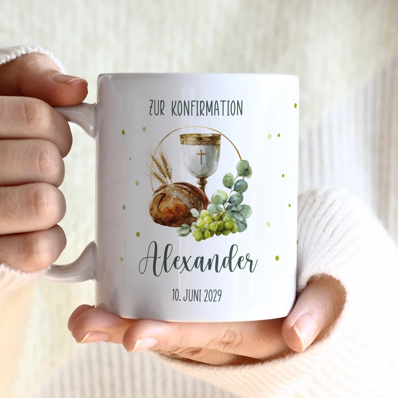 Personalisierte Tasse mit Kelch & Brot – Geschenk zur Taufe, Kommunion, Konfirmation und Firmung