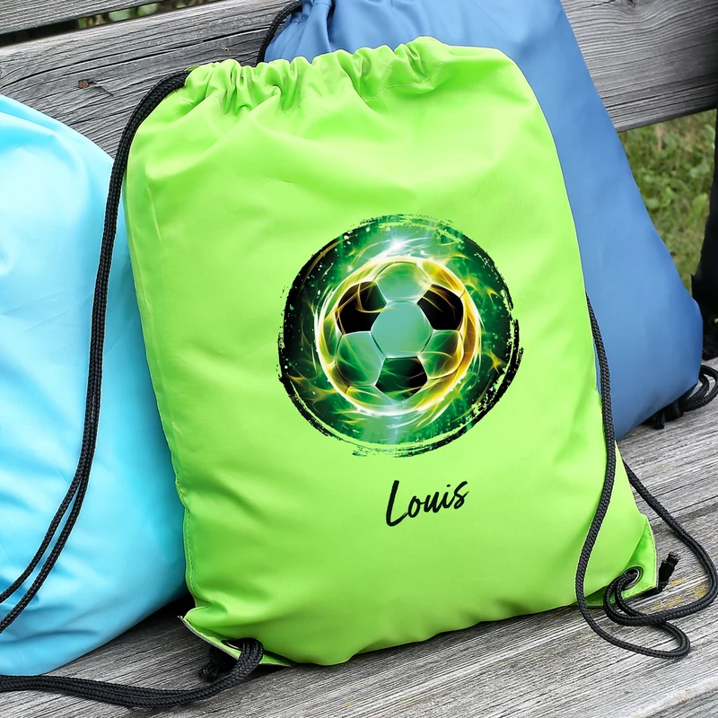 Fußball Sportbeutel personalisiert mit Name in Grün | Turnbeutel für Schule & Sport