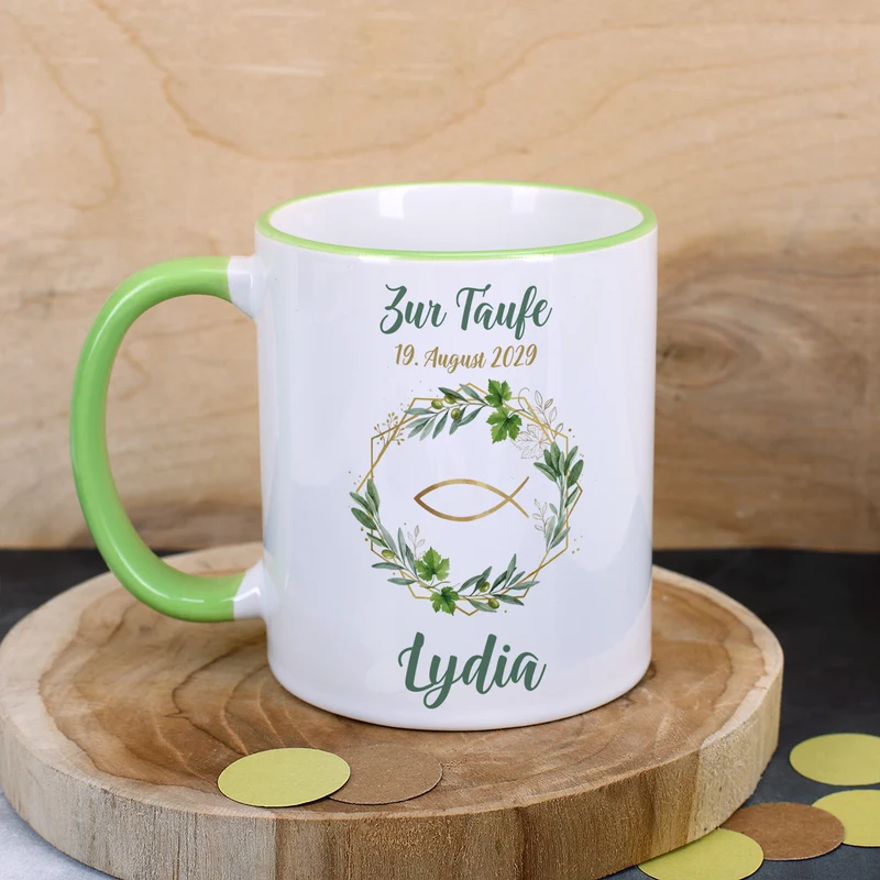 Personalisierte Tasse zur Kommunion, Taufe & Konfirmation mit Name – Ichthys & Kranz aus Zweigen