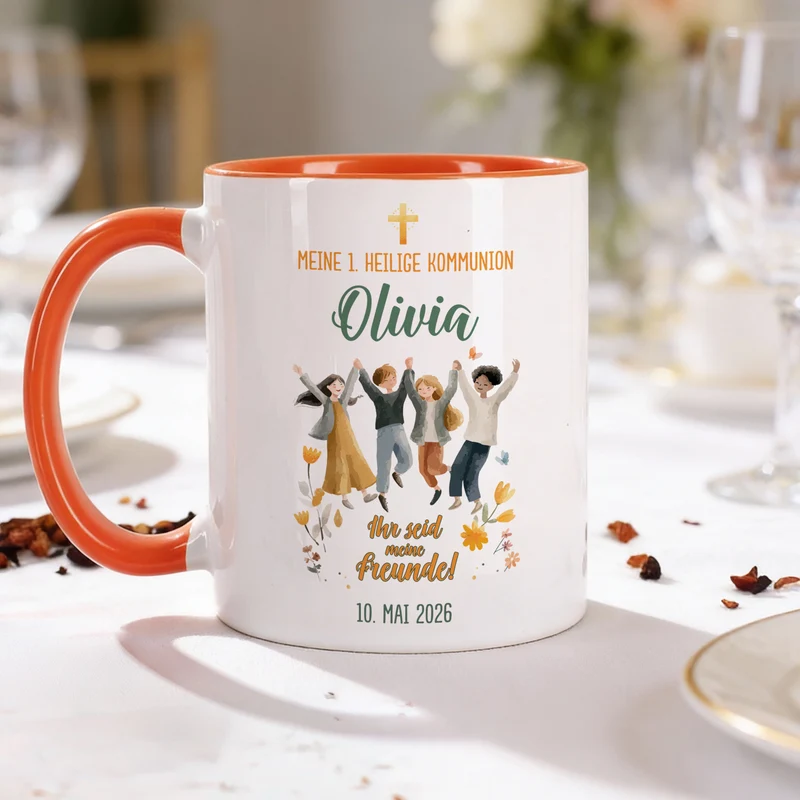 Personalisierte Tasse zur Kommunion - Ihr seid meine Freunde! Keramiktasse mit Anlass, Name & Datum