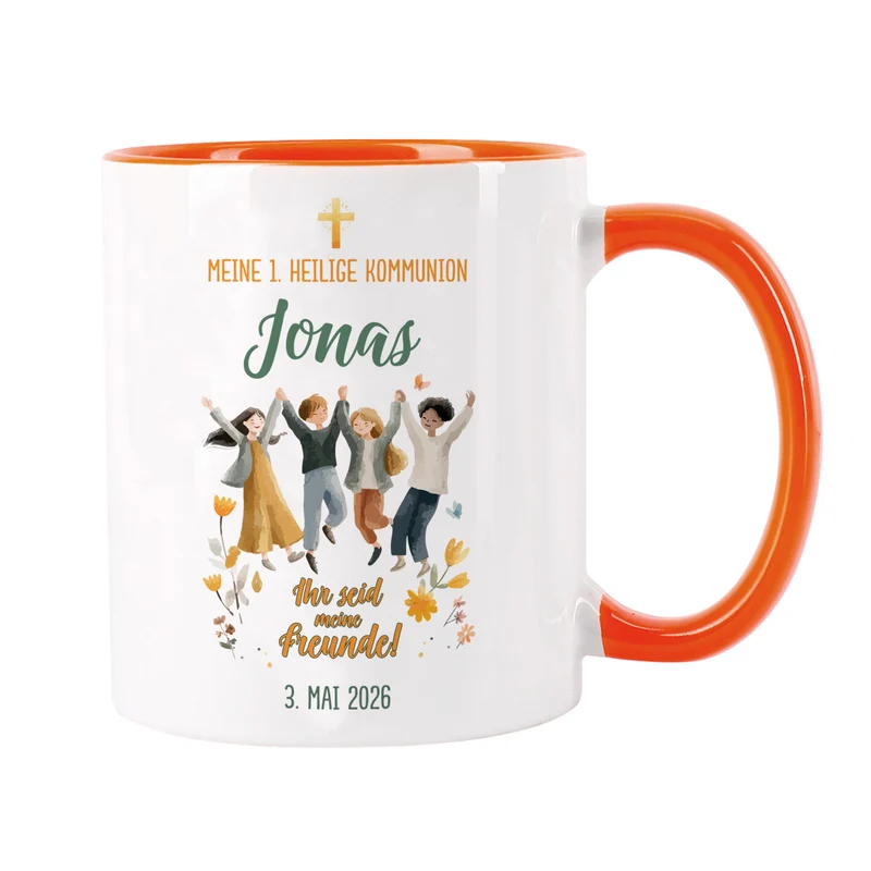Personalisierte Tasse zur Kommunion - Ihr seid meine Freunde! Keramiktasse mit Anlass, Name & Datum