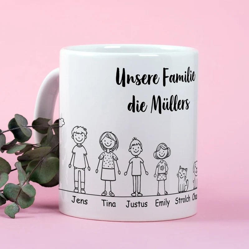 Personalisierte Familientasse mit Namen & Wunschtext | Individuelles Geschenk für Mama, Papa & Familie