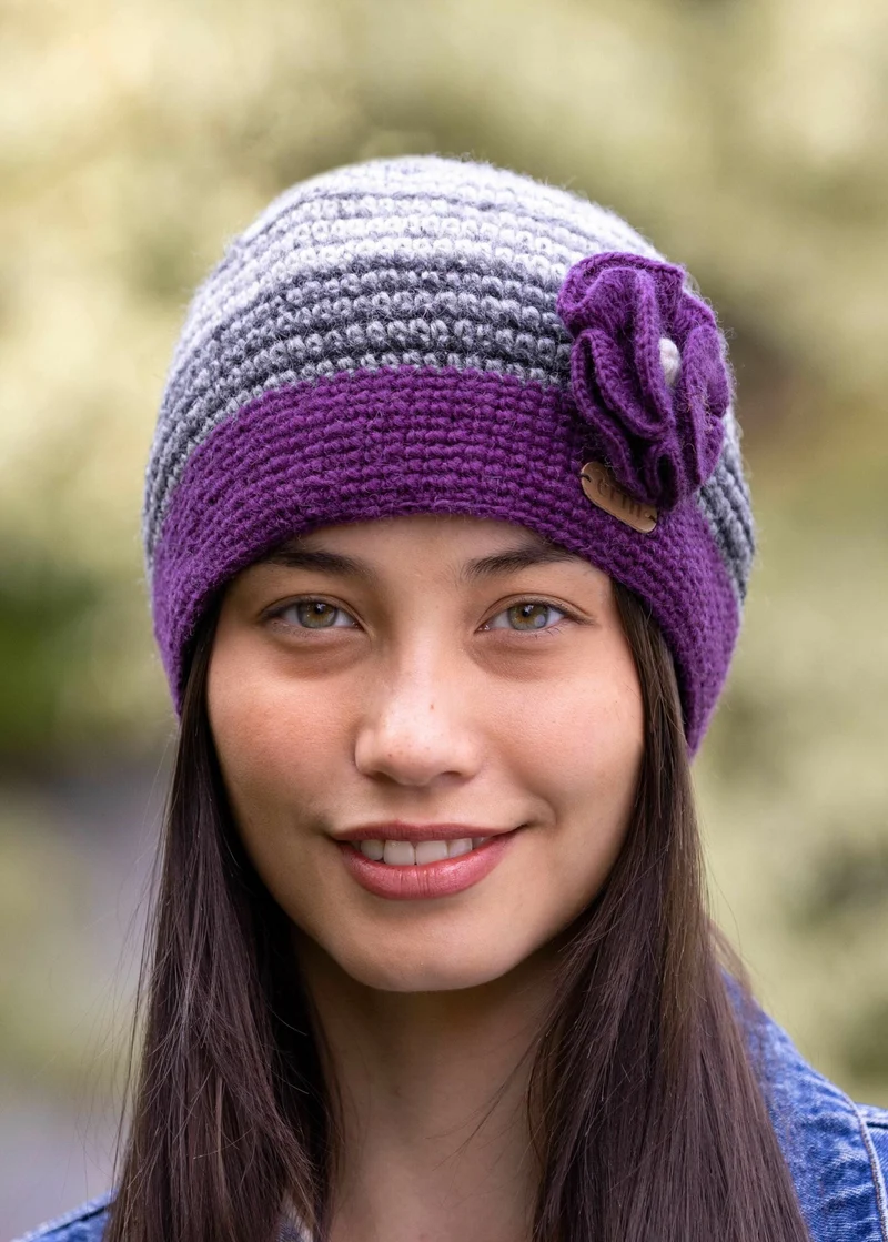 Erin Handcrafted Crochet Flower Cap | Purple Grey Wool