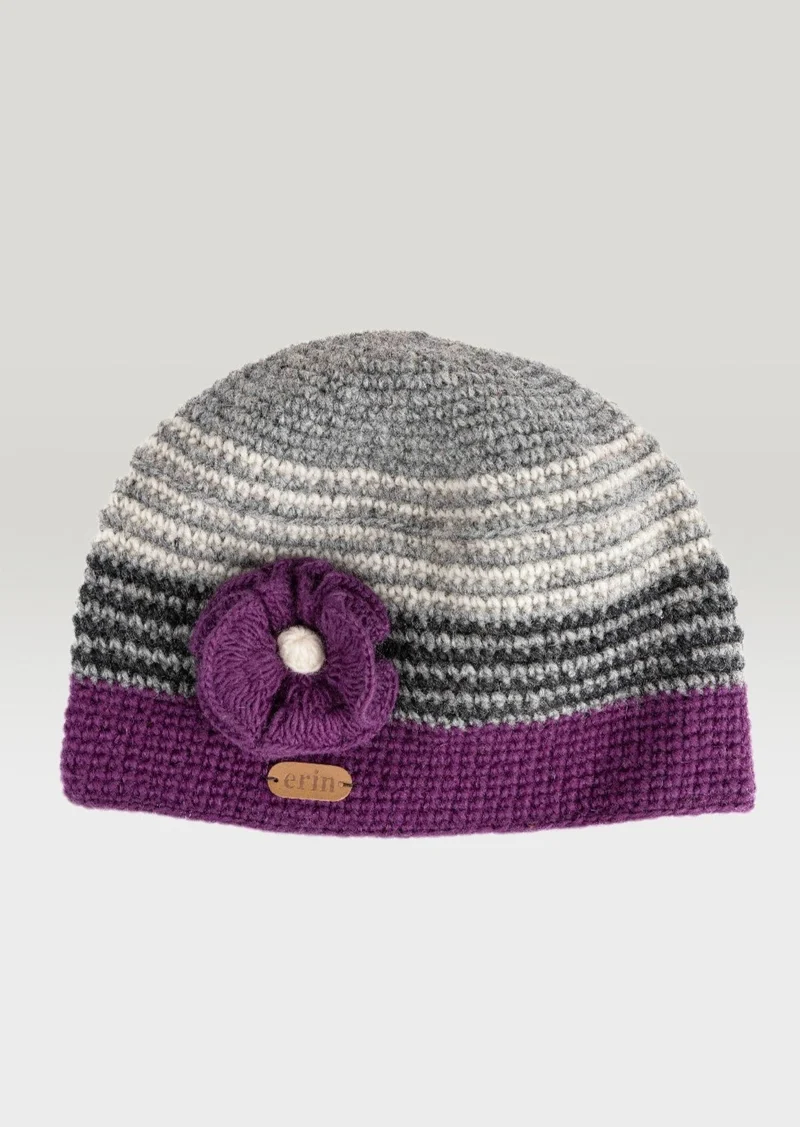 Erin Handcrafted Crochet Flower Cap | Purple Grey Wool