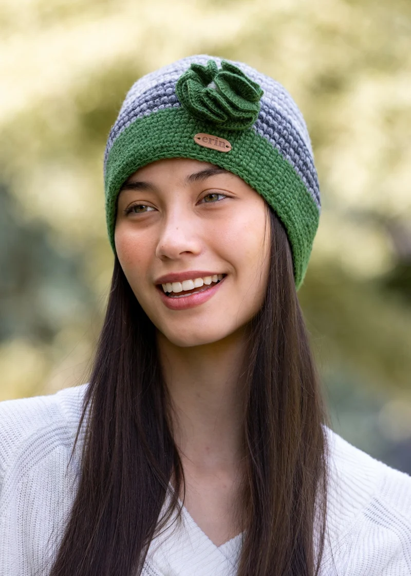 Erin Crochet Flower Cap | Green Grey Wool