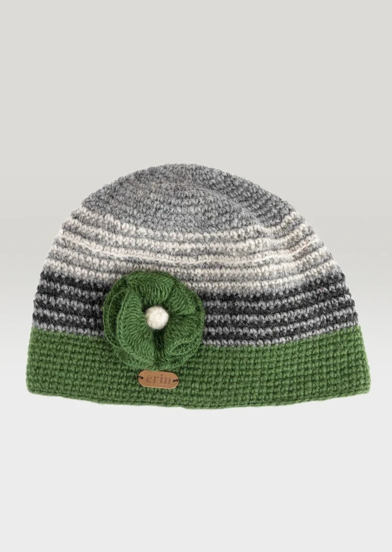 Erin Crochet Flower Cap | Green Grey Wool