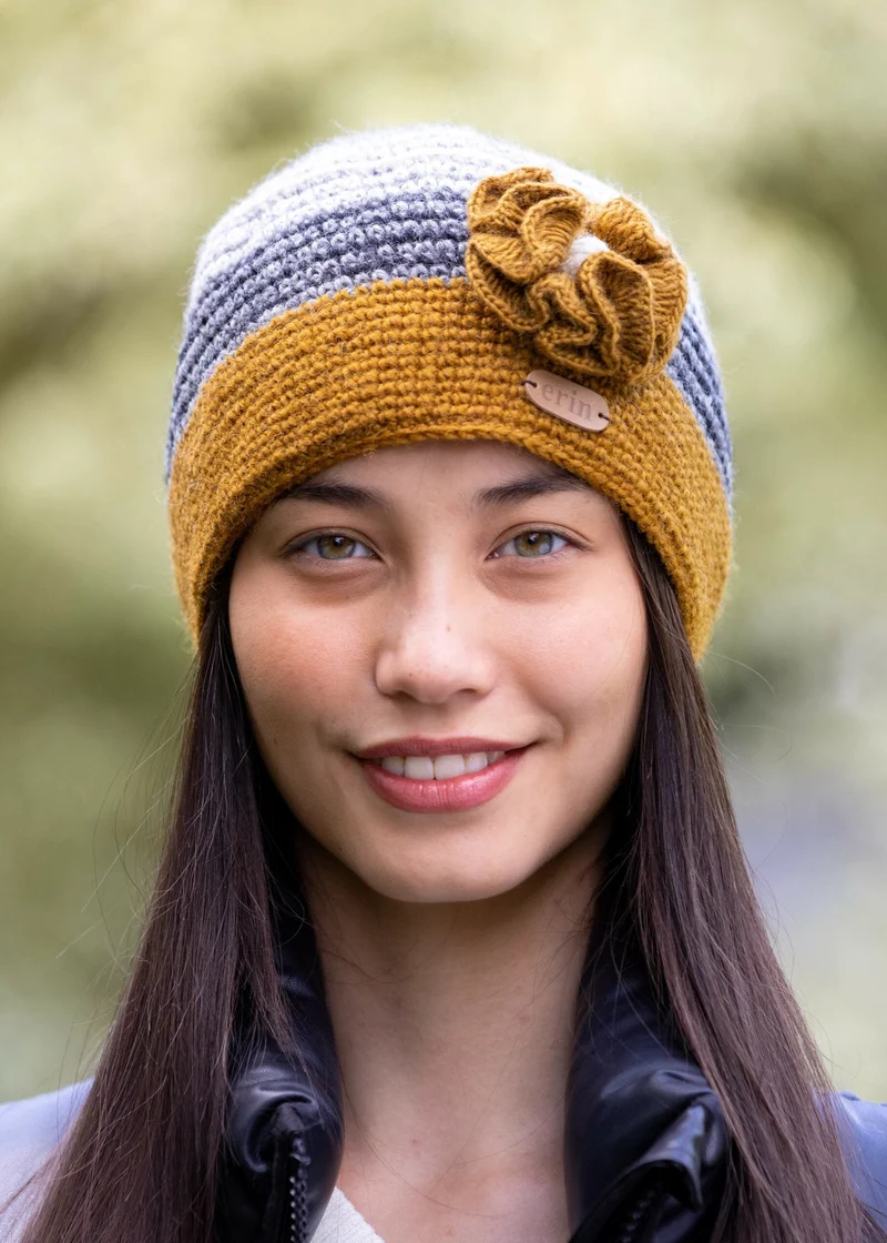 Erin Handcrafted Crochet Flower Cap | Yellow Grey Wool