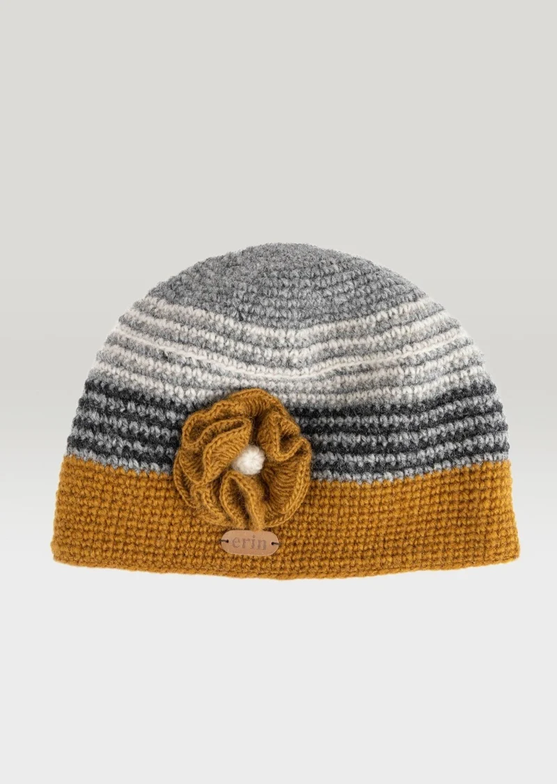 Erin Handcrafted Crochet Flower Cap | Yellow Grey Wool