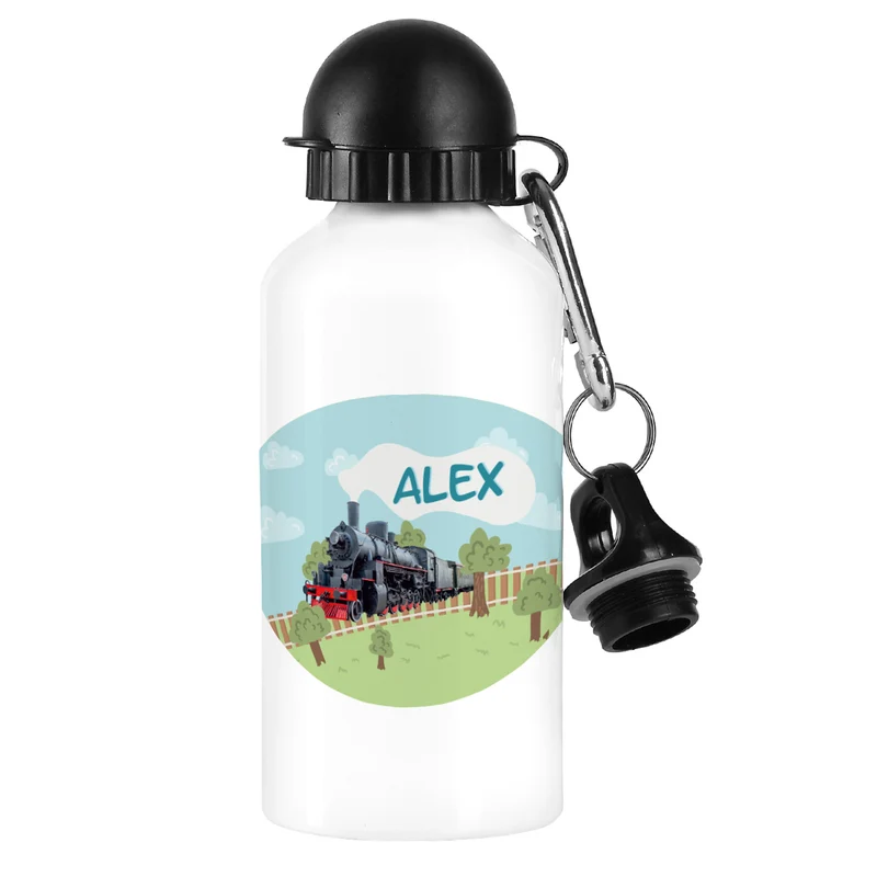 Personalisierte Trinkflasche für Jungen mit Name und Dampflok-Motiv | Metall | 500ml