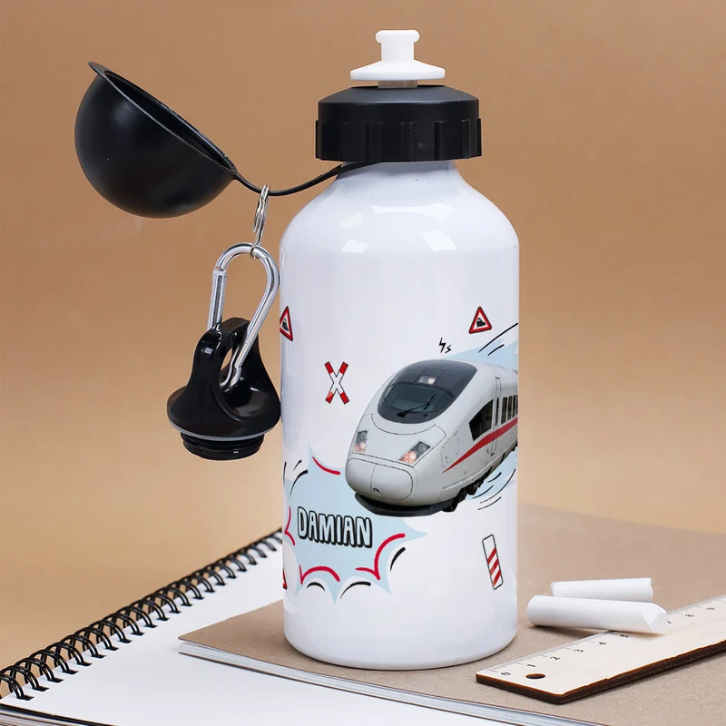 Trinkflasche für Kinder mit Zug-Motiv personalisiert mit Name | Metall | 500ml