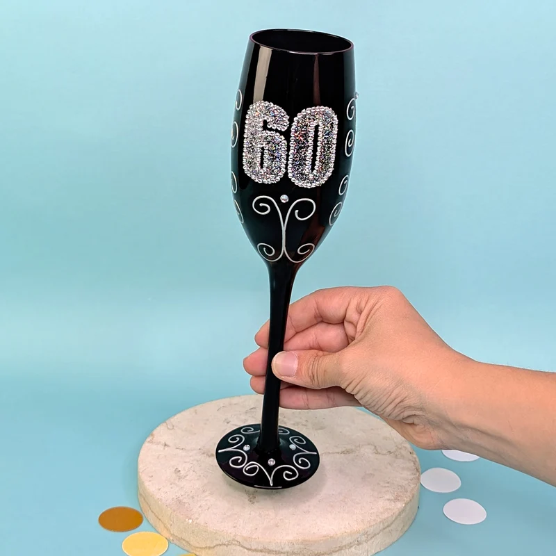 Schwarzes Sektglas mit Glitzerzahl für runde Geburtstage & Jubiläum