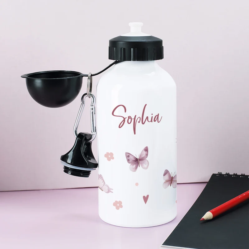 Personalisierte Trinkflasche für Mädchen mit Schmetterlings-Motiv | Für Schule & Kindergarten
