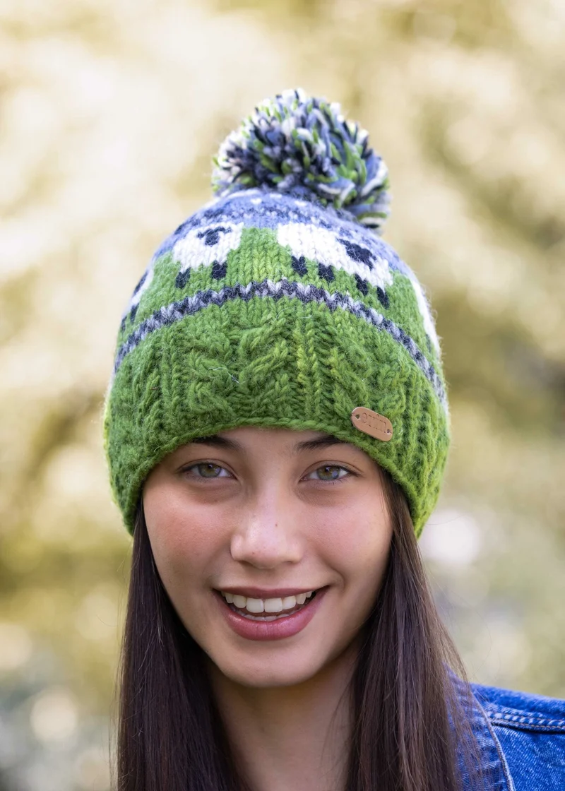 Erin Aran Sheep Bobble Hat | Blue and Green