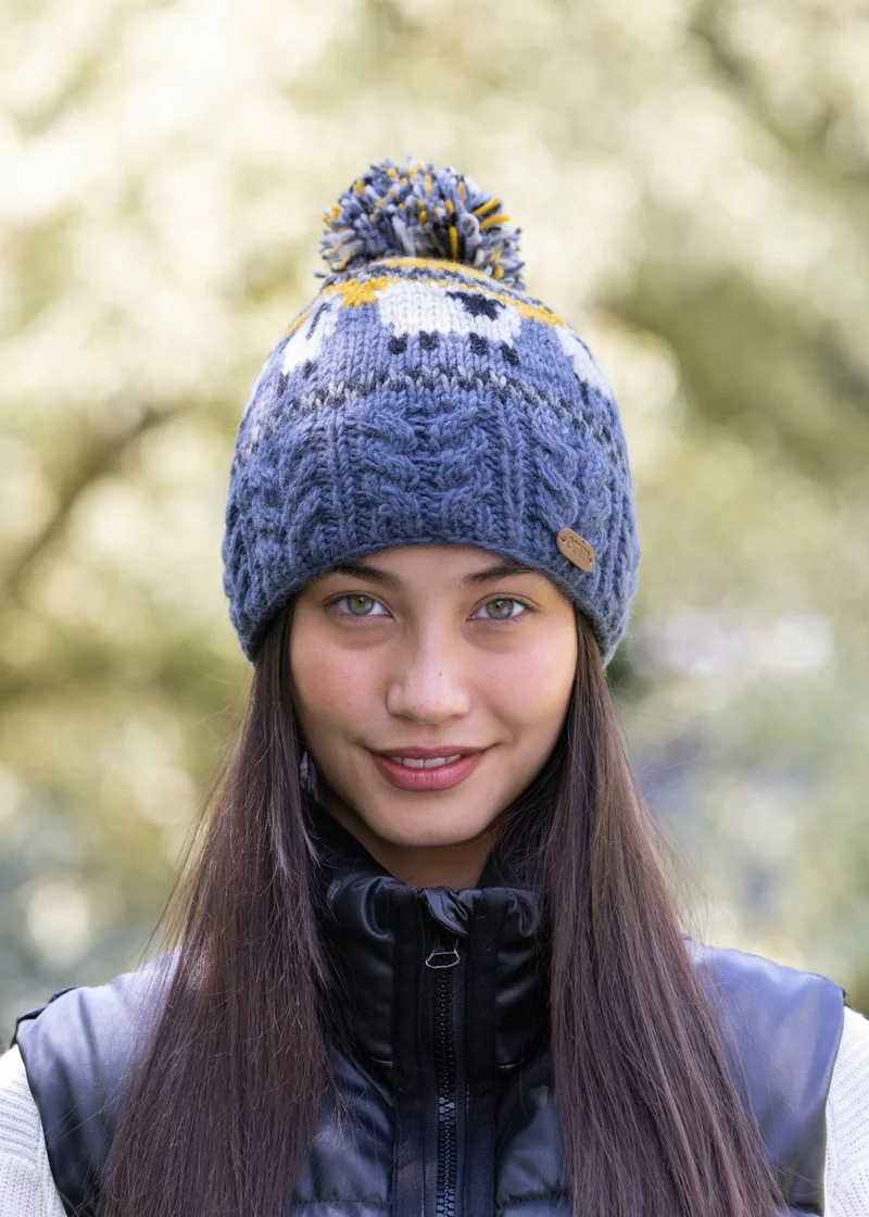Erin Aran Sheep Bobble Hat Yellow and Blue