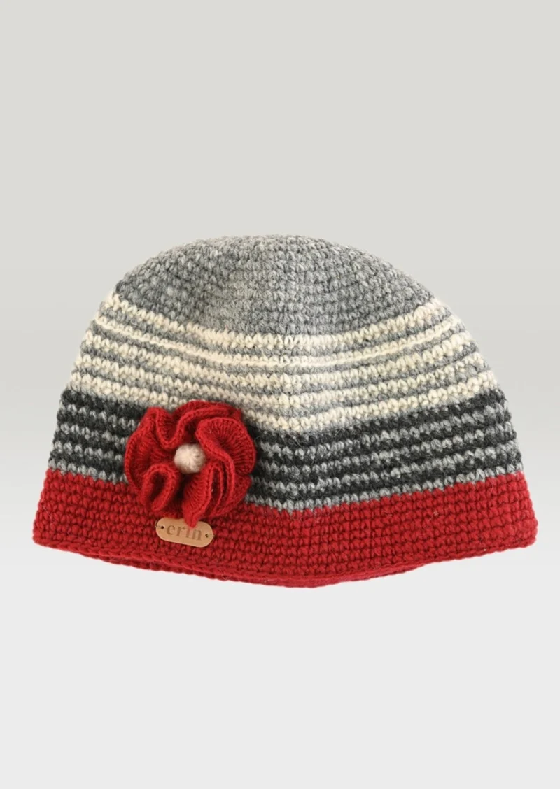 Erin Crochet Flower Cap | Red Grey | Pure Wool