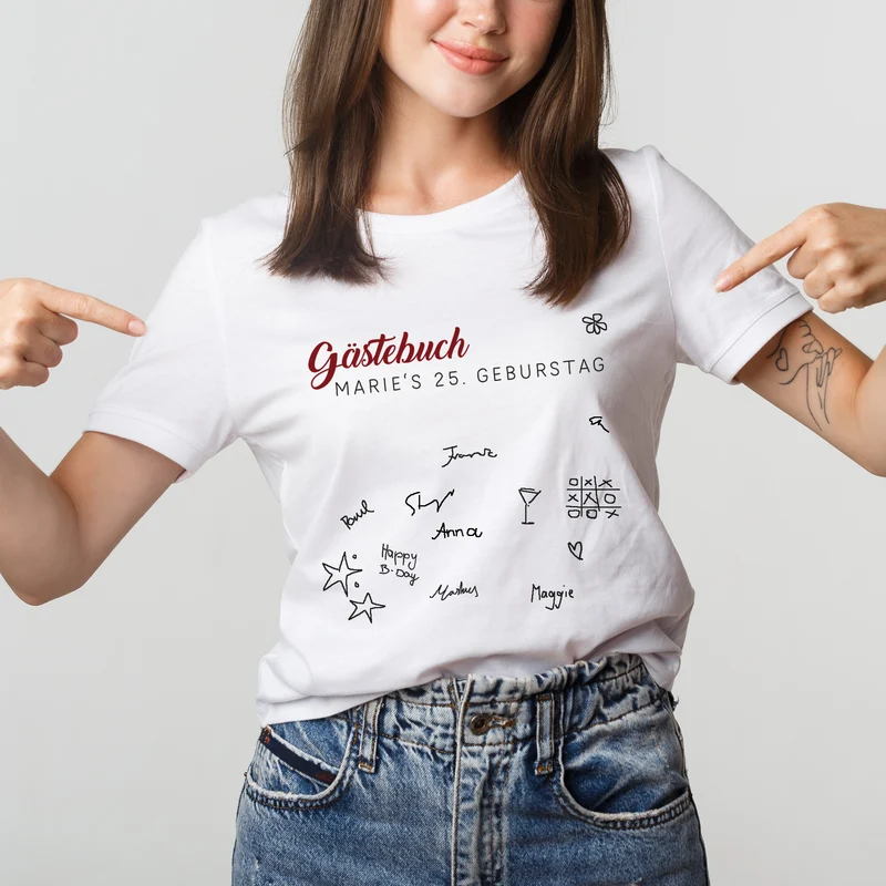 Gästebuch T-Shirt für Frauen mit Wunschtext & Platz für Unterschriften | Weiß