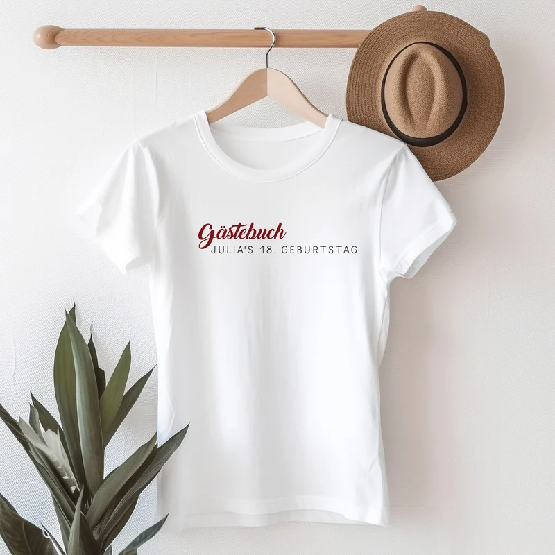 Gästebuch T-Shirt für Frauen mit Wunschtext & Platz für Unterschriften | Weiß