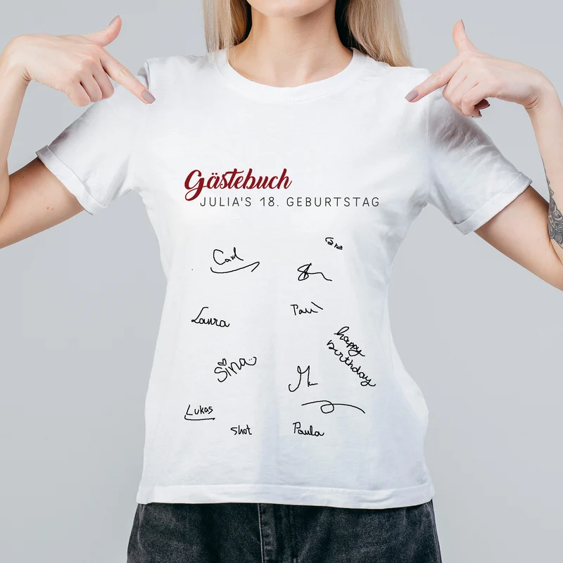 Gästebuch T-Shirt für Frauen mit Wunschtext & Platz für Unterschriften | Weiß