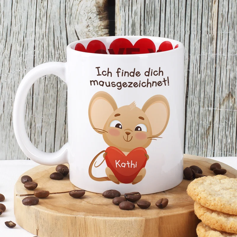 Personalisierte Tasse 'Ich finde dich mausgezeichnet!' mit Name im Herz | Valentinstagsgeschenk