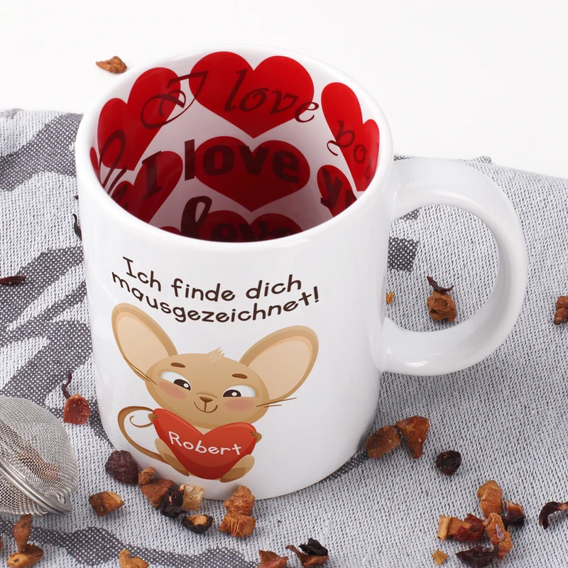 Personalisierte Tasse 'Ich finde dich mausgezeichnet!' mit Name im Herz | Valentinstagsgeschenk