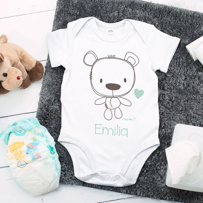 Babybody in weiß mit Teddybär und Wunschname