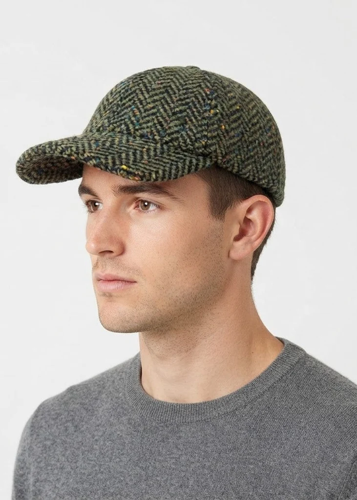 Irish Tweed Baseball Cap - Green Herringbone | Premium Kerry Wool