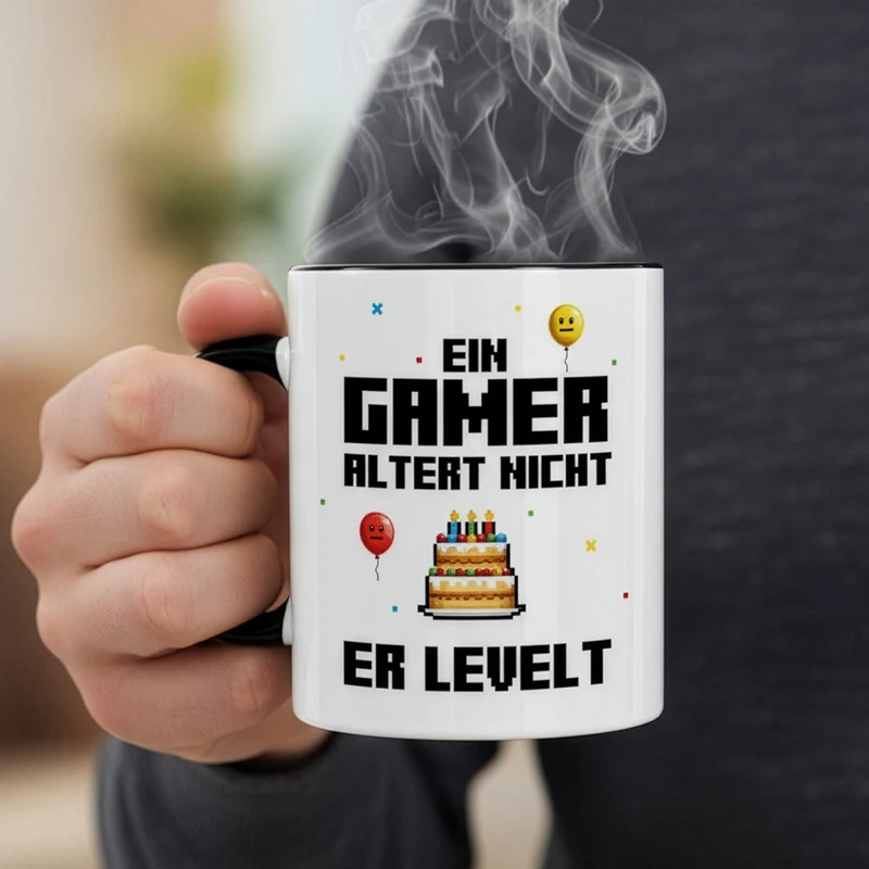 Tasse für Gamer zum Geburtstag mit Spruch 'Ein Gamer altert nicht er levelt' | 300 ml Keramiktasse