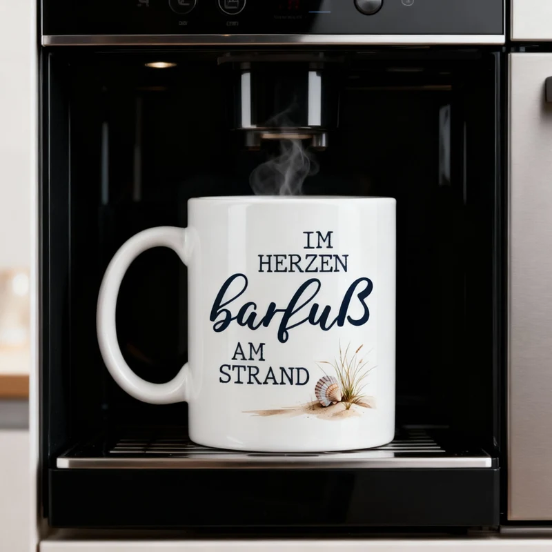 Tasse 'Im Herzen barfuß am Strand' | Keramiktasse mit Fernweh-Spruch | 300 ml