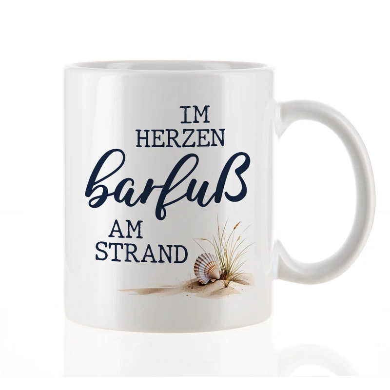 Tasse 'Im Herzen barfuß am Strand' | Keramiktasse mit Fernweh-Spruch | 300 ml