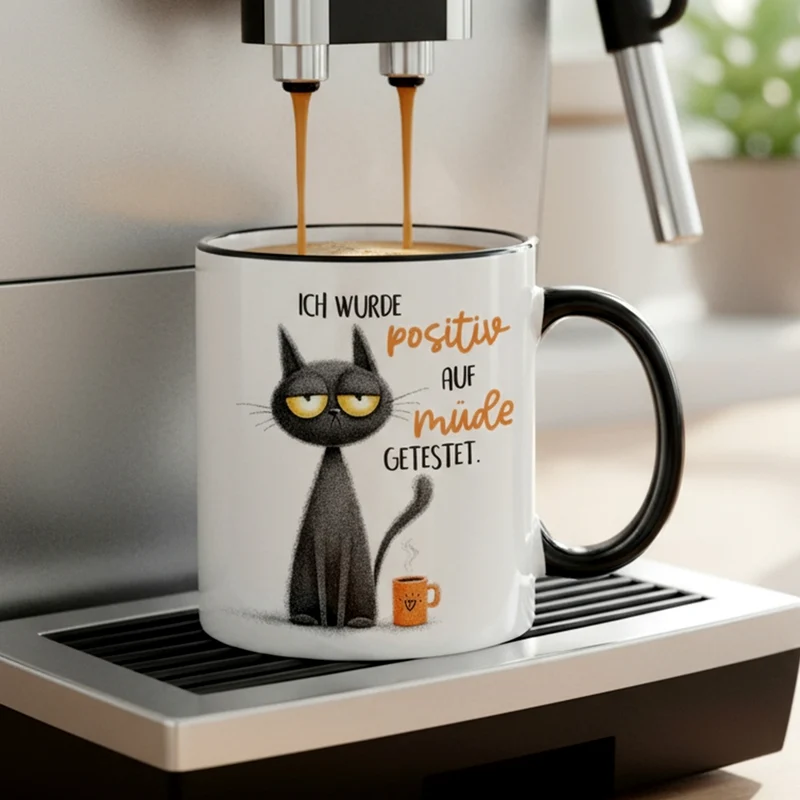 Tasse mit Spruch 'Positiv auf müde getestet' | Keramiktasse mit schwarzem Henkel & Rand