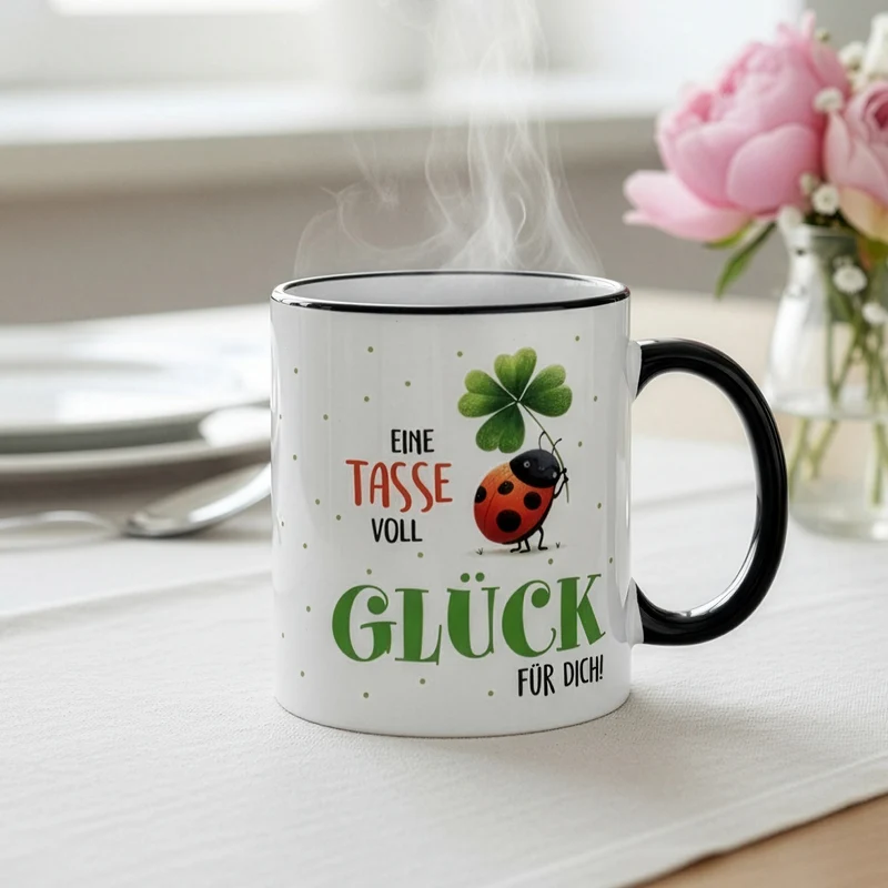 Eine Tasse voll Glück | Glückstasse aus Keramik mit schwarzem Rand & Henkel