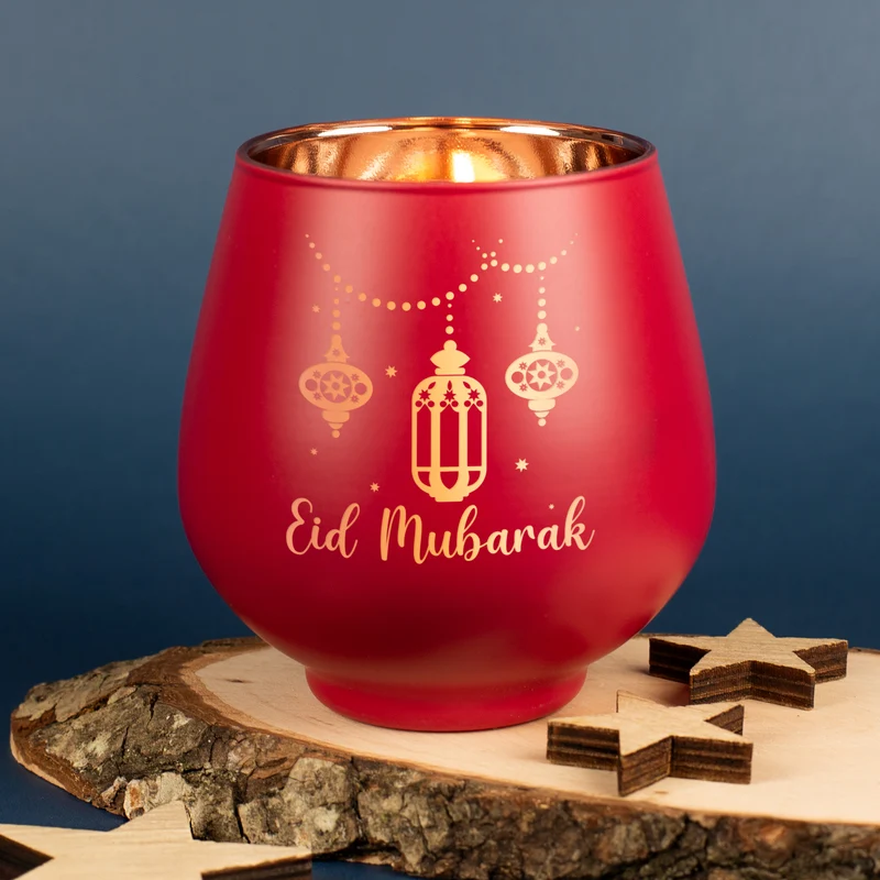 Teelichthalter zu Ramadan mit Gravur 'Eid Mubarak' | Windlicht aus Glas | Rot oder Grün